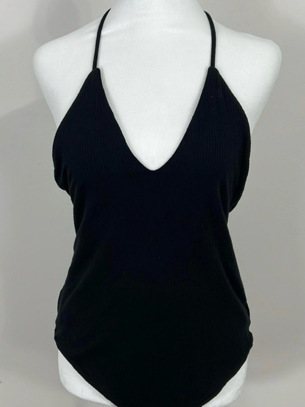 Afrm Black ribbed open back strappy Bodysuit NWT